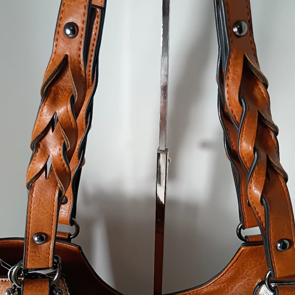 Sam & Hadley Women’s Light Brown & White Cowhide Pattern Tote wTurquoise Accents - Picture 10 of 10